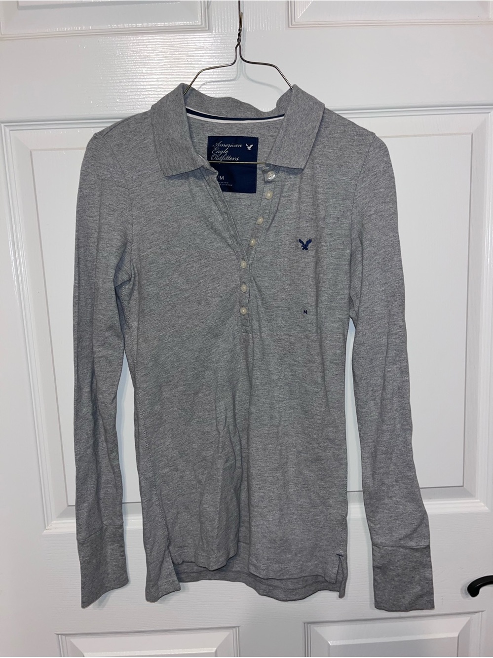 American Eagle Outfitters Gray Long Sleeve Polo with Navy Logo